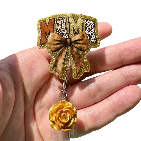Mama Badge Reel brown glitter Nurse RN Retractable ID Card Holder Gift Cute - Picture 1 of 3
